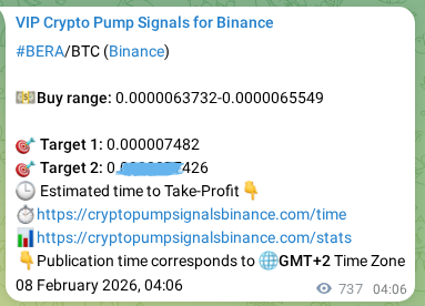 Trading signal proof: BERA pump from Binance, 09 February 2026, 00:34