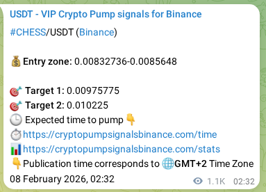 Binance trading signal proof for CHESS pump, 09 February 2026, 09:10