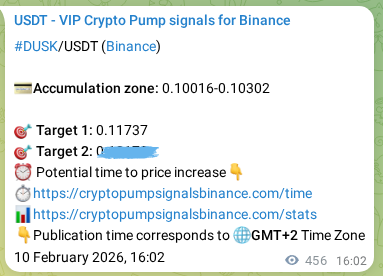 Crypto pump signal proof: DUSK on Binance, 11 February 2026, 04:42