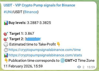 Crypto trading signal proof: UNI pump on Binance, 11 February 2026, 16:02