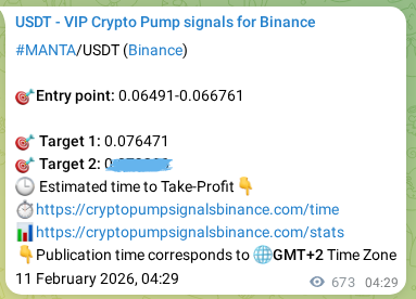 Crypto trading signal verification: MANTA pump on Binance, 11 February 2026, 23:08