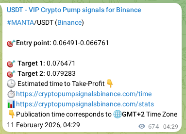 Binance pump signal verification for MANTA at 11 February 2026, 23:10