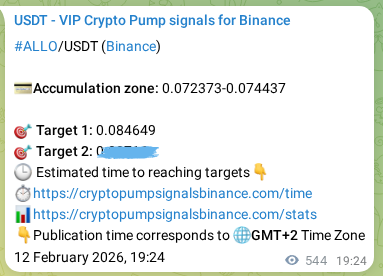 Crypto pump signal proof: ALLO on Binance, 13 February 2026, 10:31