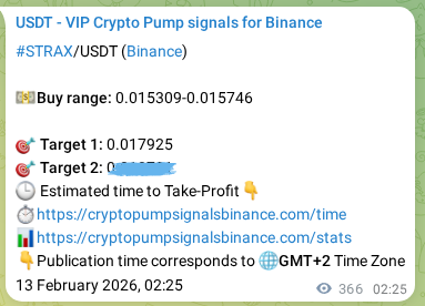 Trading signal proof: STRAX pump from Binance, 13 February 2026, 12:24