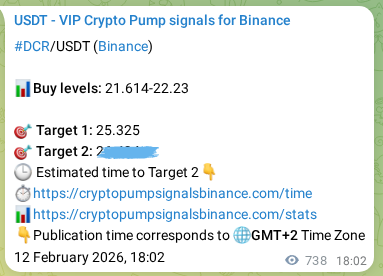 Crypto trading signal proof: DCR pump on Binance, 13 February 2026, 14:32