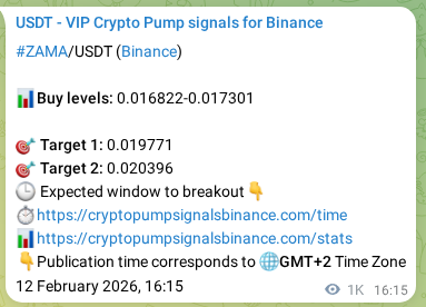 Crypto signal proof: ZAMA pump on Binance, 13 February 2026, 20:06