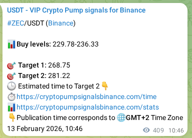 Crypto trading signal verification: ZEC pump on Binance, 13 February 2026, 21:55