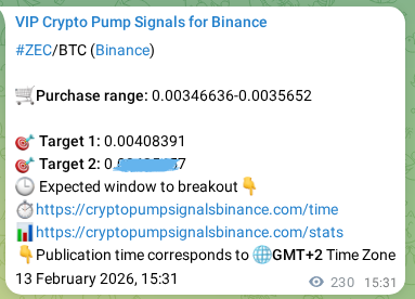 Proof of ZEC pump signal on Binance at 13 February 2026, 21:55