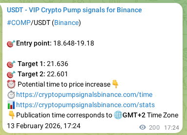 Live proof of COMP pump signal on Binance, 13 February 2026, 22:43