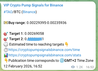 Proof of TAO pump signal on Binance at 14 February 2026, 03:32