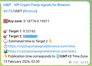 Binance pump signal proof for KITE on 15 February 2026, 09:27