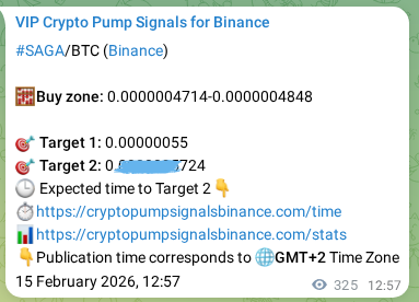 Proof of SAGA pump signal on Binance at 15 February 2026, 21:59