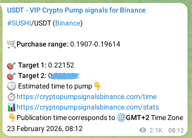 Crypto trading signal verification: SUSHI pump on Binance, 25 February 2026, 19:19