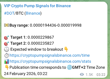 Crypto pump signal proof: Verify DOT on Binance, 25 February 2026, 21:56 Crypto pump signal proof: DOT on Binance, 25 February 2026, 21:56