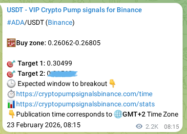 Live proof of ADA pump signal on Binance, 25 February 2026, 22:03