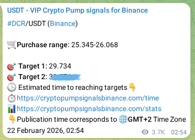 Crypto trading signal proof: DCR pump on Binance, 26 February 2026, 08:34 Crypto trading signal proof: DCR pump on Binance, 26 February 2026, 08:34