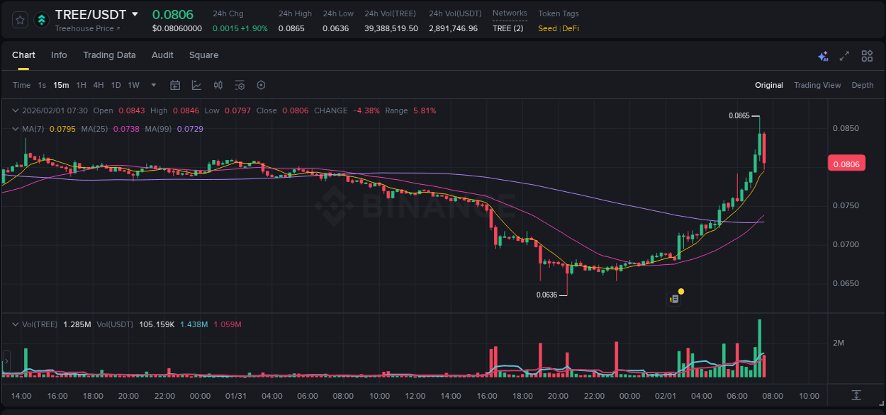 View the trading report for TREE pump on Binance, 01 February 2026, 07:06 Binance trading data for TREE pump, 01 February 2026, 07:06