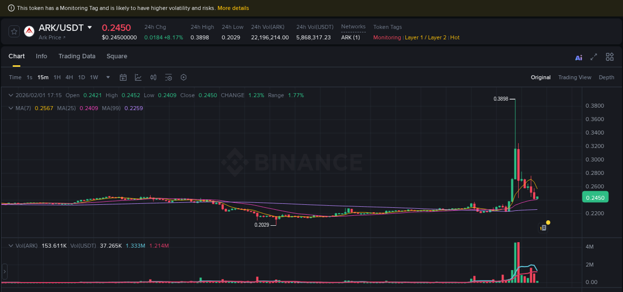 Dive into pump insights for ARK on Binance, 01 February 2026, 15:31 Crypto pump insights for ARK on Binance, 01 February 2026, 15:31