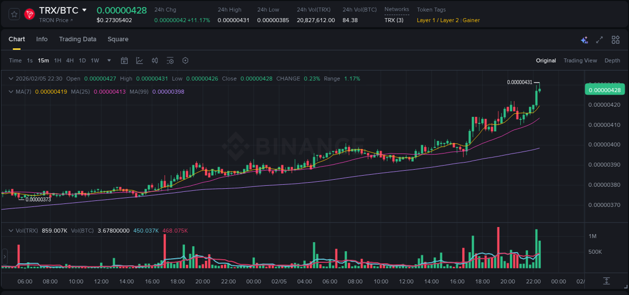 Market analysis: TRX pump on Binance at 05 February 2026, 22:22