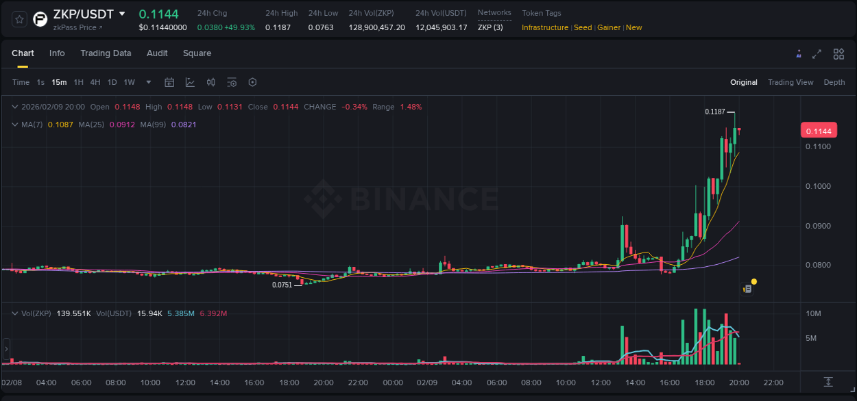 Crypto pump data analytics for ZKP on Binance, 09 February 2026, 19:59
