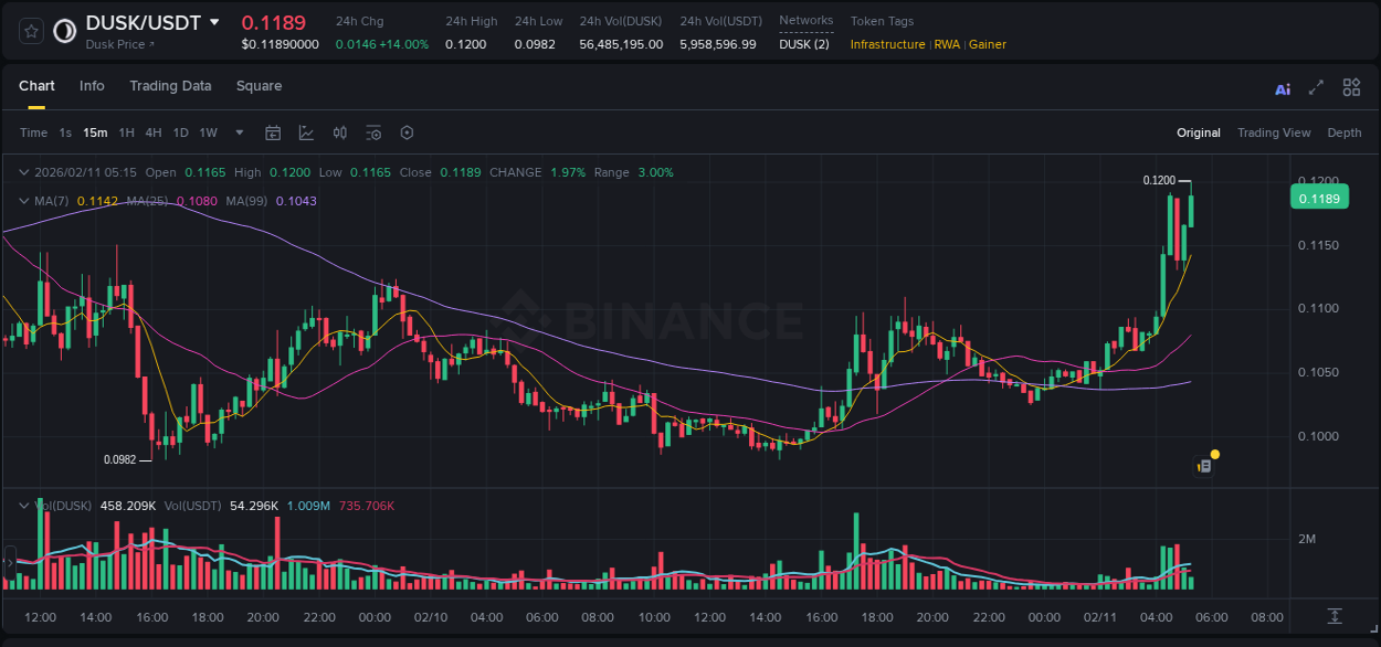 Crypto pump report: DUSK on Binance, 11 February 2026, 04:42