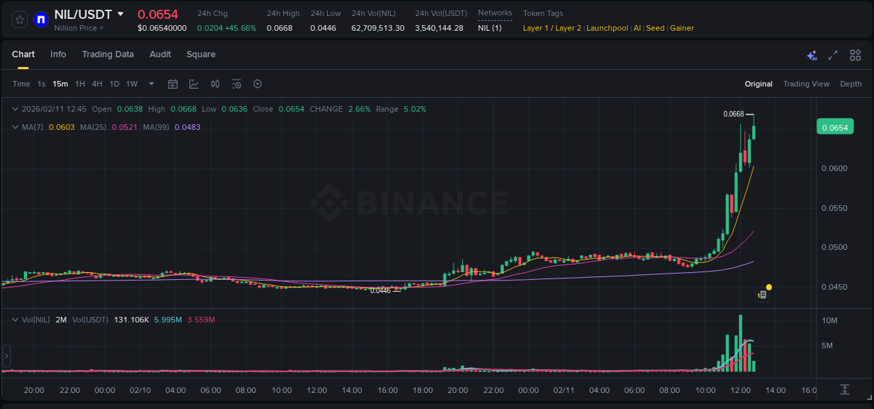 Real-time report of NIL pump on Binance, 11 February 2026, 12:47