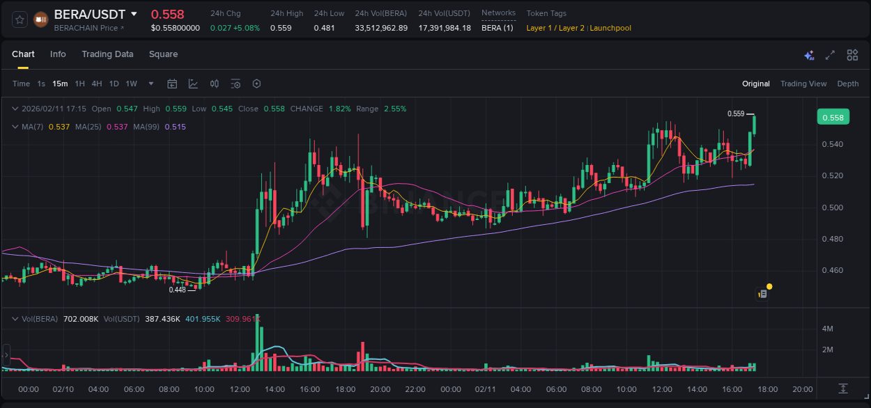 Analysis of BERA pump activity on Binance at 11 February 2026, 17:19