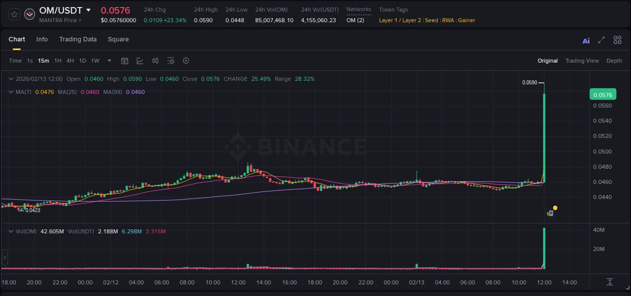 Binance trading report for OM pump, 13 February 2026, 12:06