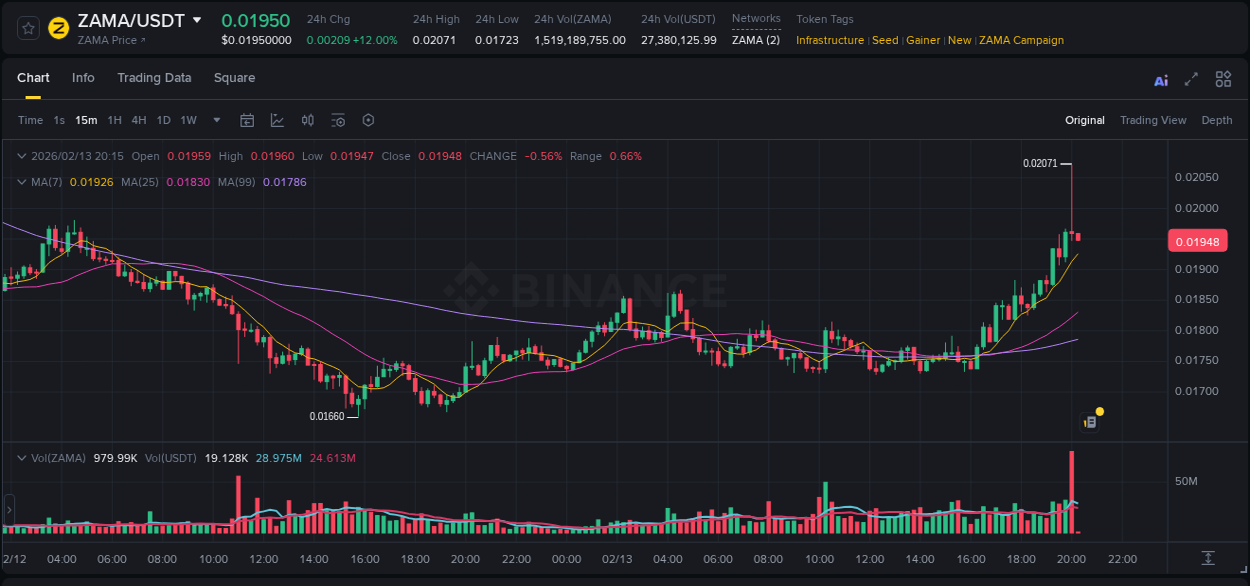 Detailed analysis of ZAMA's price surge on Binance, 13 February 2026, 20:06