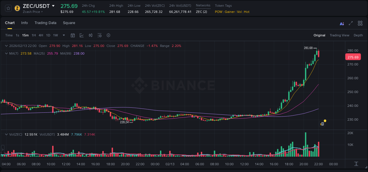 Trading data insight: ZEC pump report from Binance, 13 February 2026, 21:55