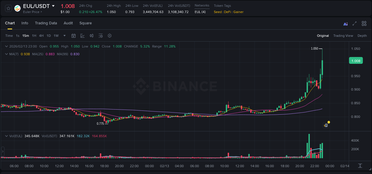 Live report of EUL pump on Binance, 13 February 2026, 23:03