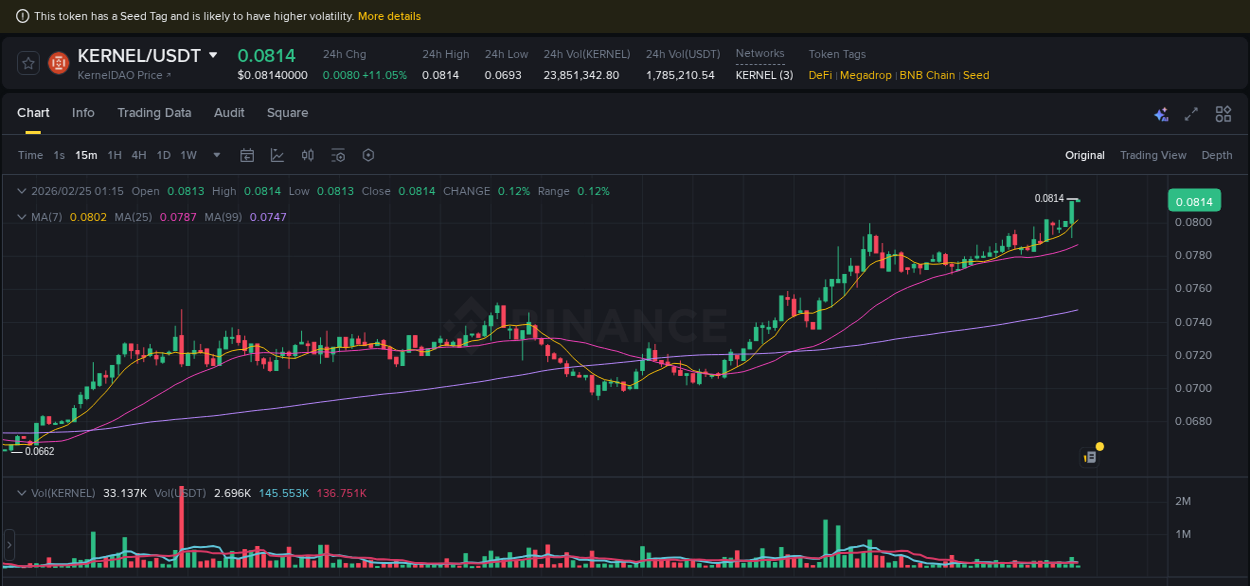View the report of KERNEL pump on Binance at 25 February 2026, 01:15 Report of KERNEL pump on Binance at 25 February 2026, 01:15