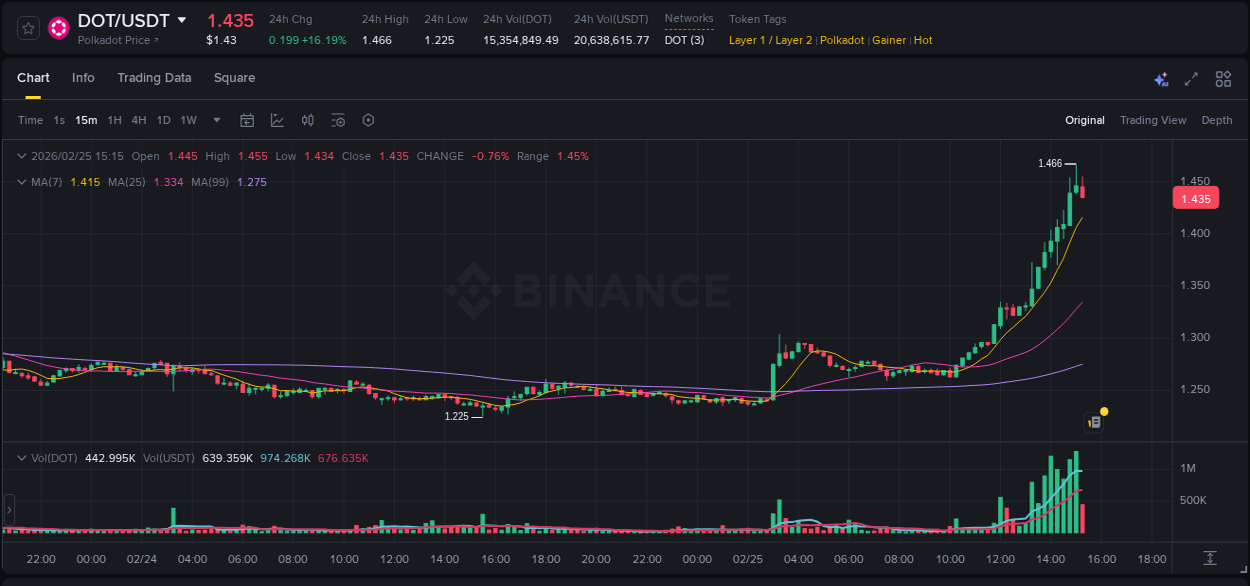 Real-time report of DOT pump on Binance, 25 February 2026, 15:07