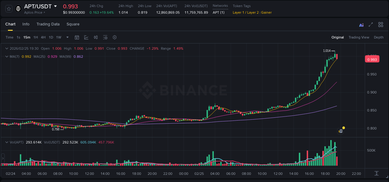 Detailed analysis of APT's price surge on Binance, 25 February 2026, 18:02