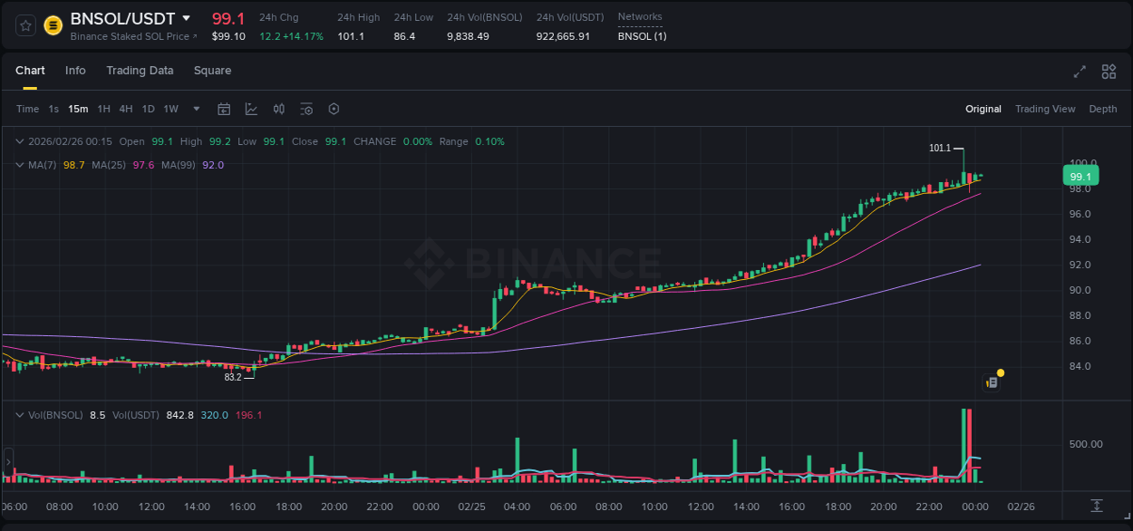 Binance exchange trading report for BNSOL, 25 February 2026, 23:37