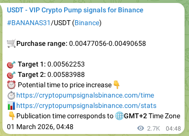 Crypto pump signal proof: Verify BANANAS31 on Binance, 04 March 2026, 07:23 Crypto pump signal proof: BANANAS31 on Binance, 04 March 2026, 07:23