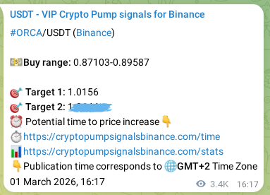 Crypto trading signal proof: ORCA pump on Binance, 05 March 2026, 13:28