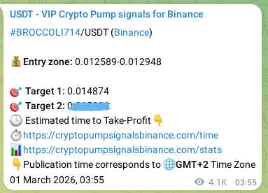 Trading signal proof: BROCCOLI714 pump from Binance, 07 March 2026, 07:38
