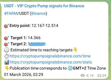 Live proof of FARM pump signal on Binance, 07 March 2026, 22:29