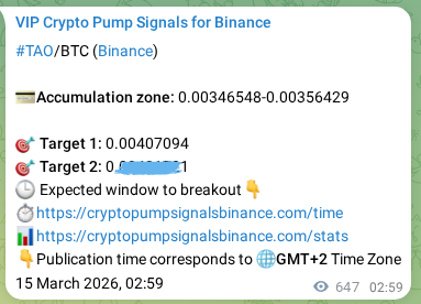 Crypto pump signal proof: Verify TAO on Binance, 15 March 2026, 20:57 Crypto pump signal proof: TAO on Binance, 15 March 2026, 20:57