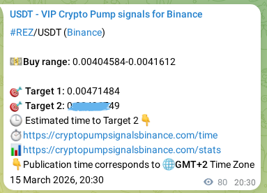 Trading signal confirmation: REZ pump on Binance at 15 March 2026, 21:53