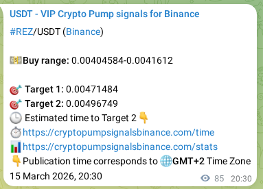 Market signal proof: REZ pump from Binance, 15 March 2026, 22:01