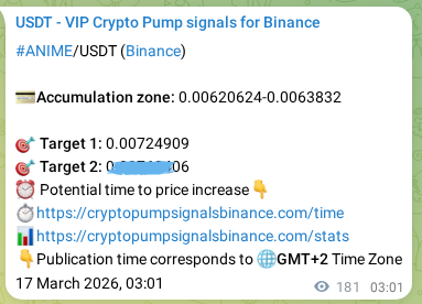 Crypto trading signal proof: ANIME pump on Binance, 17 March 2026, 07:36