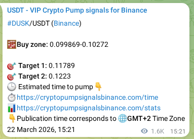 Binance trading signal proof for DUSK pump, 24 March 2026, 10:28