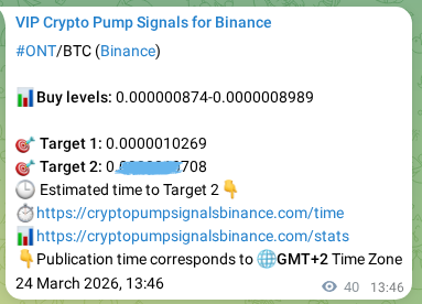 Crypto pump signal proof: ONT on Binance, 24 March 2026, 14:27