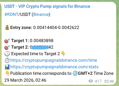 Binance pump signal data for RDNT at 29 March 2026, 14:21