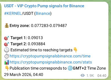 Binance trading signal proof for KERNEL pump, 31 March 2026, 08:43
