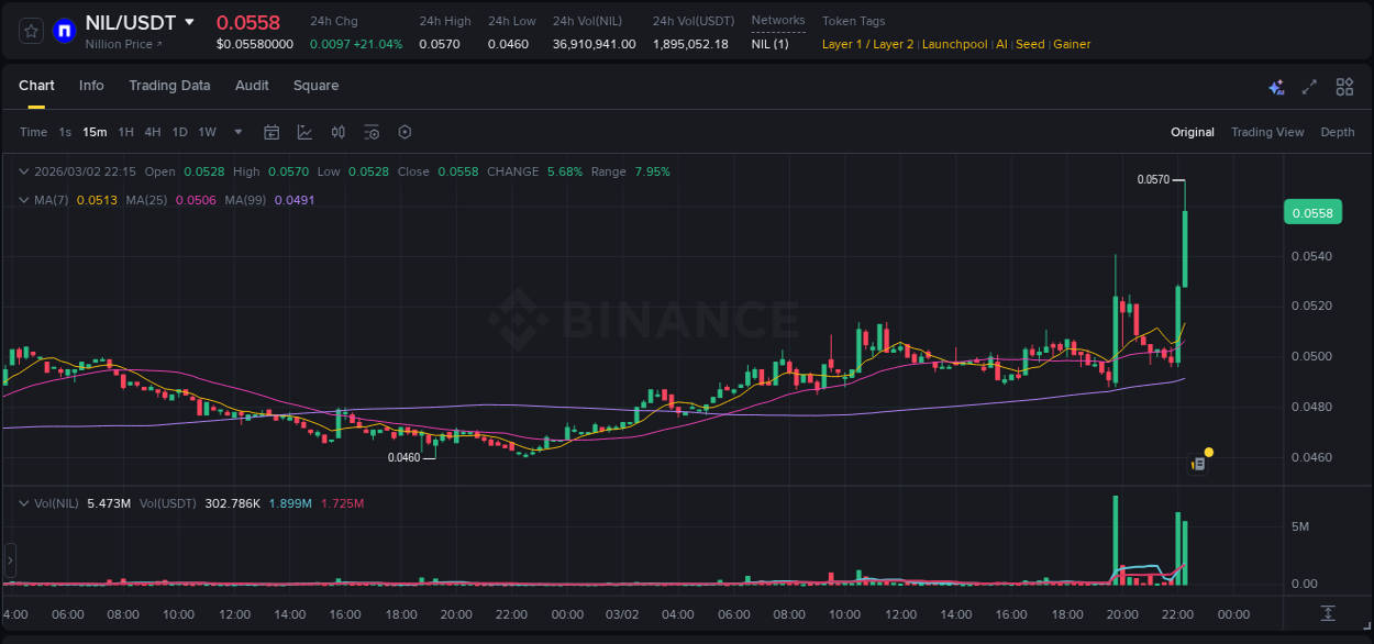 Gain insights into NIL's pump activity on Binance, 02 March 2026, 22:20 Detailed analysis of NIL's price surge on Binance, 02 March 2026, 22:20