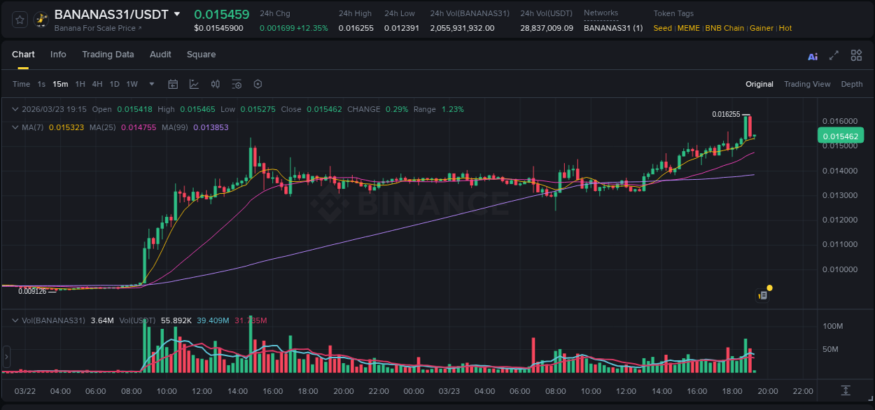 Learn about the BANANAS31 price movement analysis from Binance, 23 March 2026, 18:55 BANANAS31 trading report showing pump trends on Binance, 23 March 2026, 18:55