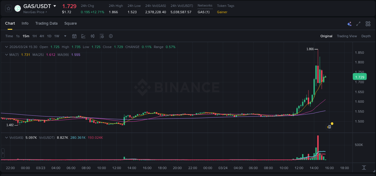 Binance pump overview for GAS, captured at 24 March 2026, 14:21